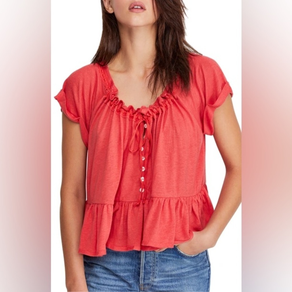 Free People Lace Ruffle Trim Short Sleeve Red Linen Blend Charlie Tee Blouse S